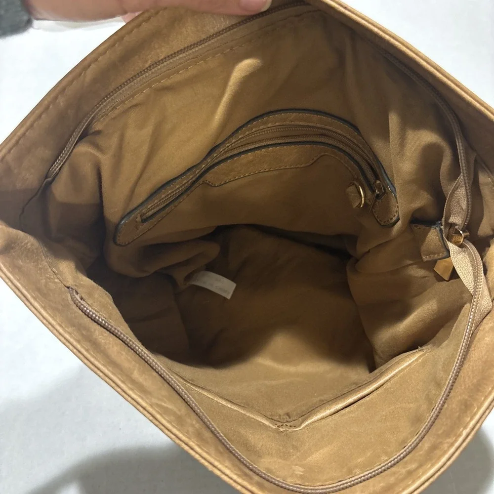 Parker Laser Cut Buckle‎ Fold Over Backpack Vegan Leather in Tan